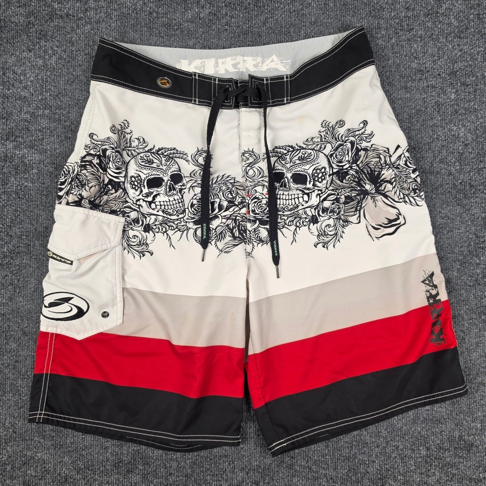 Kirra Board Shorts Men's 34 White Red Black Skull Graphic Y2K Skater Loose Fit